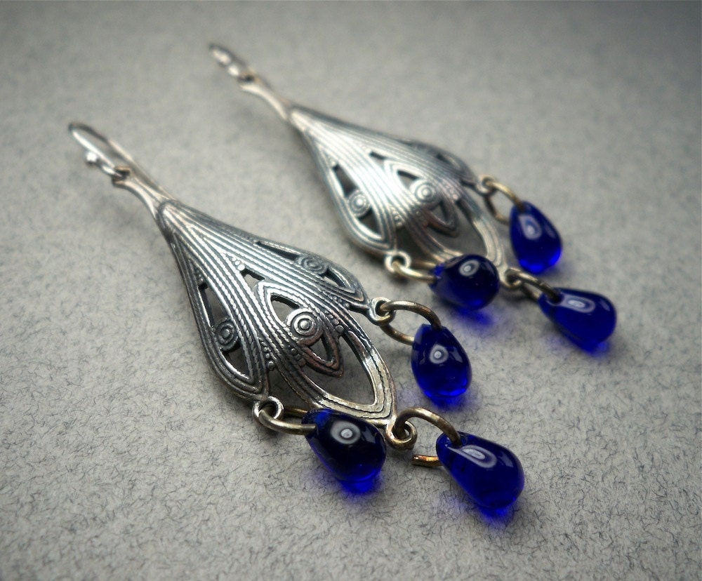 Cobalt Blue and Silver Filigree Chandelier Earrings