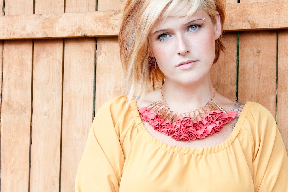 Coral and Rose Gold Fabric Flower Necklace