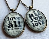 Bronze pendant necklace pair bridesmaid gift Beatles lyrics on book page
