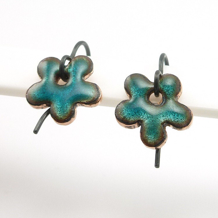 Aqua Blue Enamel Flower Earrings
