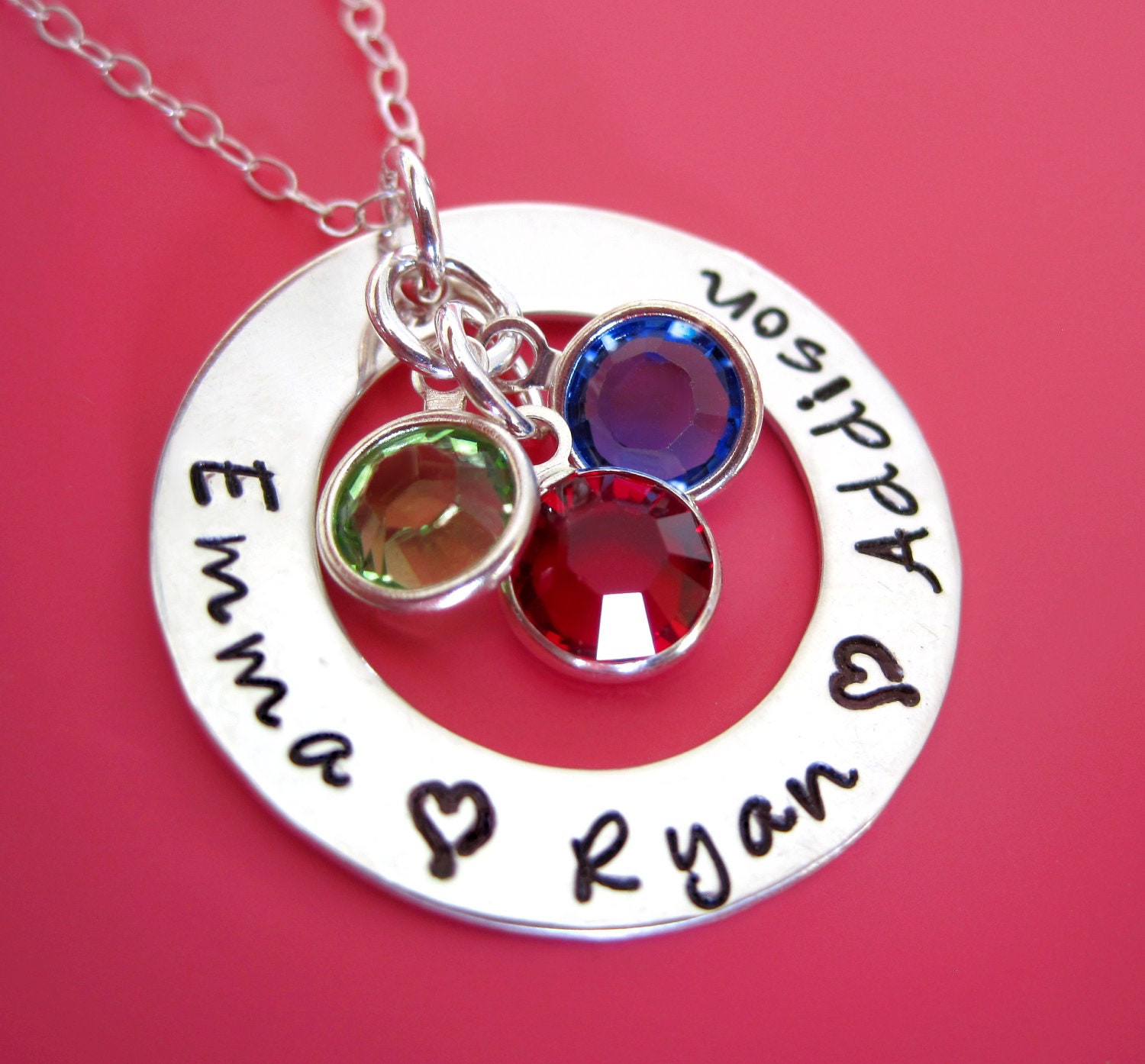 Hand Stamped Jewelry - LOVES of My Life, A Circle of Names I LOVE With Birthstone Crystals