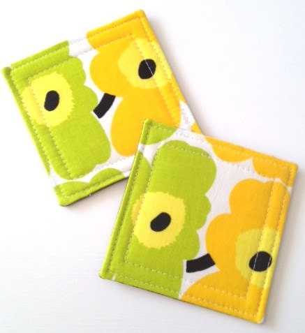 Set of 2  Coasters made w/ MARIMEKKO  Mini Unikko fabric, Yellow