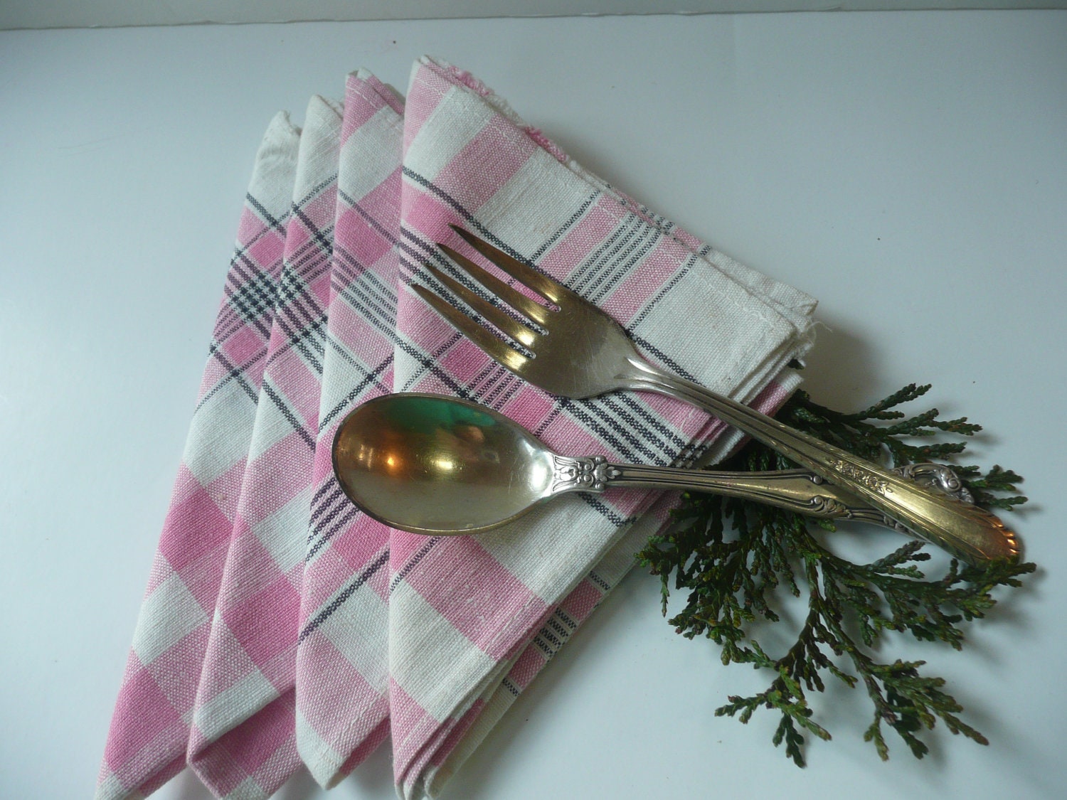 Vintage Napkins Pink Black White Plaid Wedding Home Decor Cottage