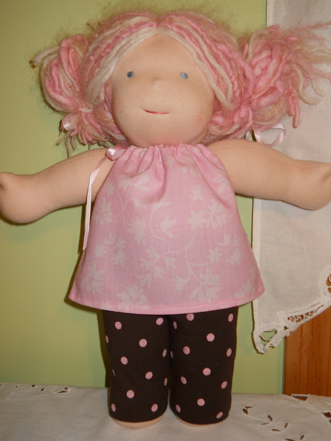 Pink Pillowcase Top and Polka Dot Leggings Set - Waldorf Doll Clothes -15 Inch Bambo Size - G