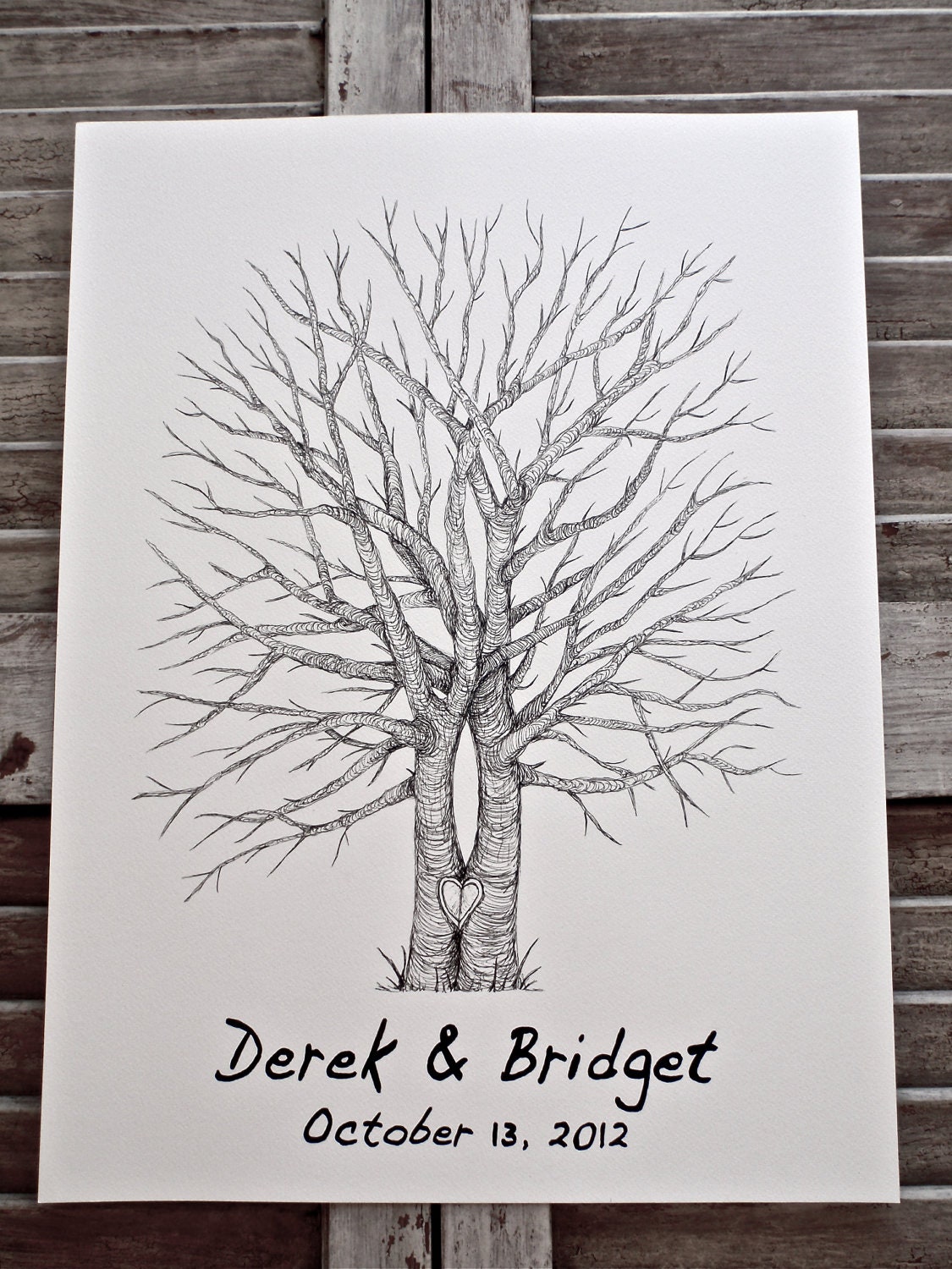 Split Tree Trunk Medium Fingerprint Tree Wedding Guest book, Hand Drawn in ink, includes 2 ink pads and pen