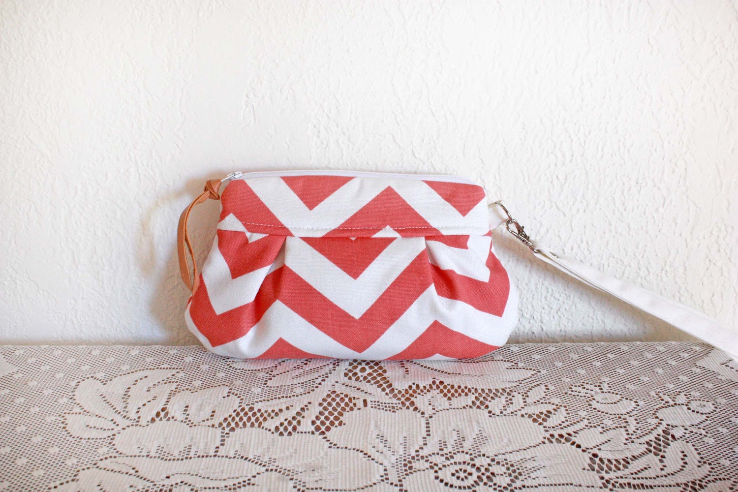 Chevron Wristlet/ Pouch/ Clutch// Nautical stripe // small // Coral color--MADE TO ORDER--