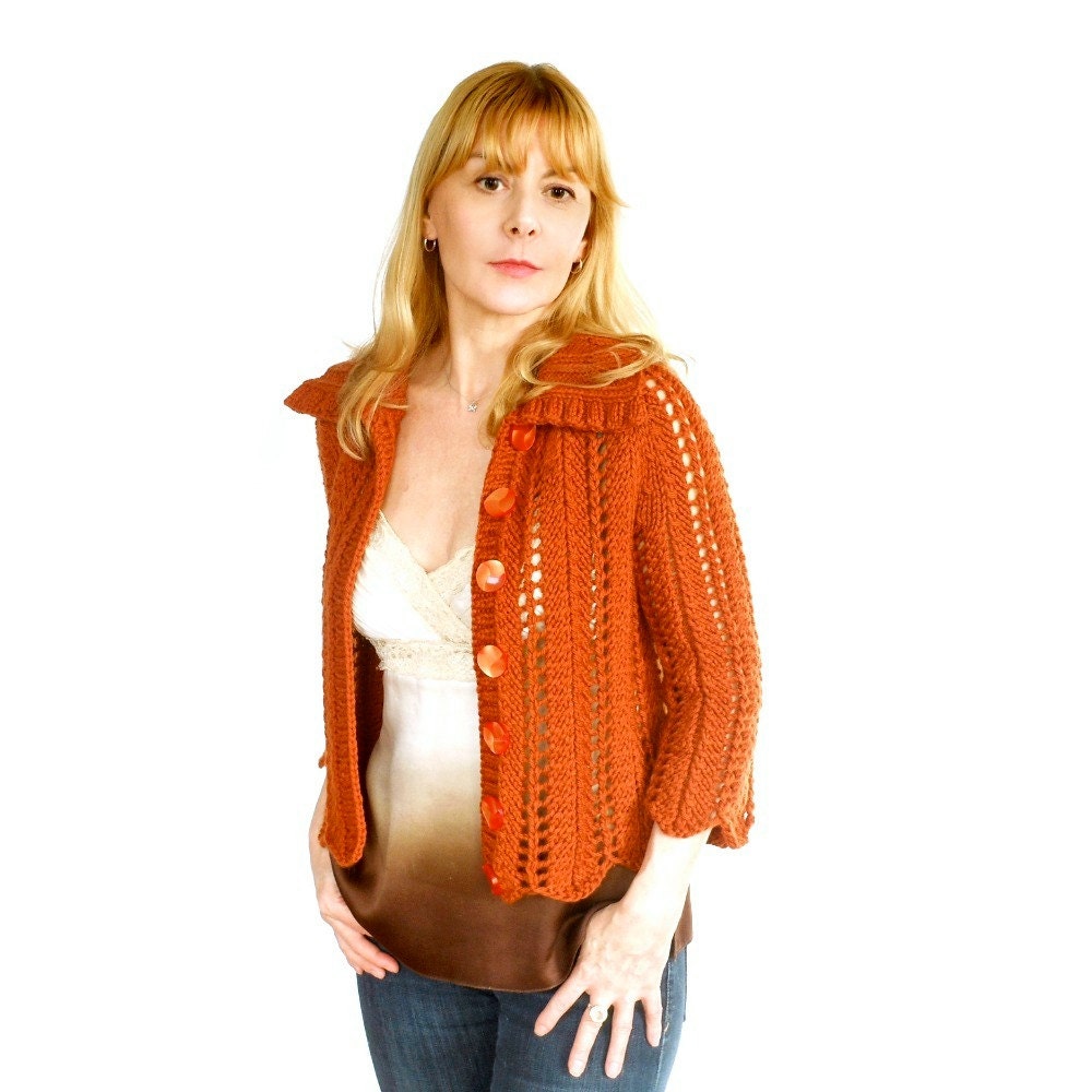 Burnt Orange Cardigan Angela Lace Jacket Chunky Hand Knit Wool