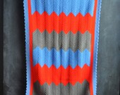 Vintage Crocheted Afghan Blanket Throw  in Blue Red and Grey