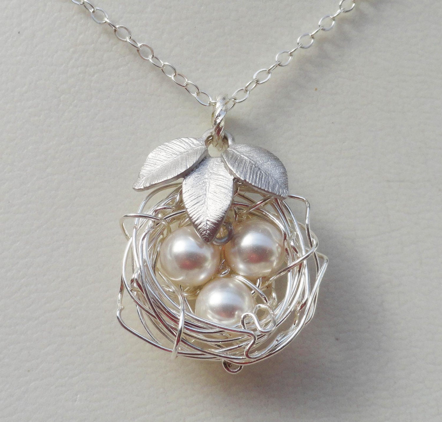 Sterling Silver Birds Nest With Three Leaves - ALL STERLING SILVER Rustic Nest - Ideal Gift for Bride, Bridesmaids or Mother