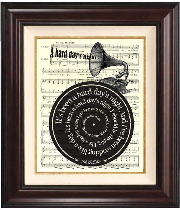 The Beatles A hard Day's Night song lyric  Art Print on old french music sheet reproduction