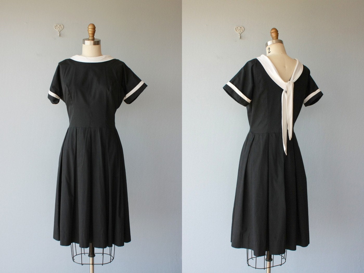 1950s dress / 50s sailor dress / nautical day dress / sailor tie dress / black day dress - size medium