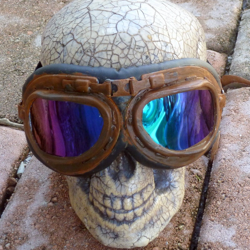 Steampunk Goggles Glasses lenses loops cyber Aviator Club ---RARE-----Time Travel Crazy Scientist's Oculo-Vision Tool---biker motorcycle