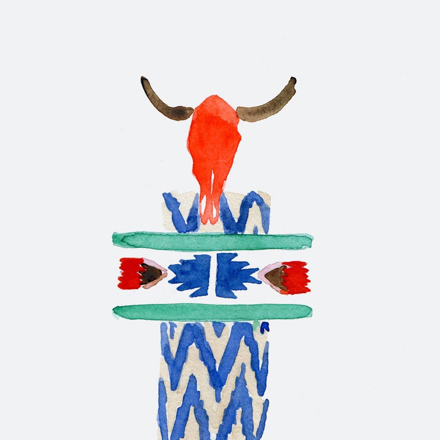 Totem 2, Navajo tribal inspired Art Print of original watercolor painting, colorful, folk art, tribal, geometric, Nursery decor, cow skull