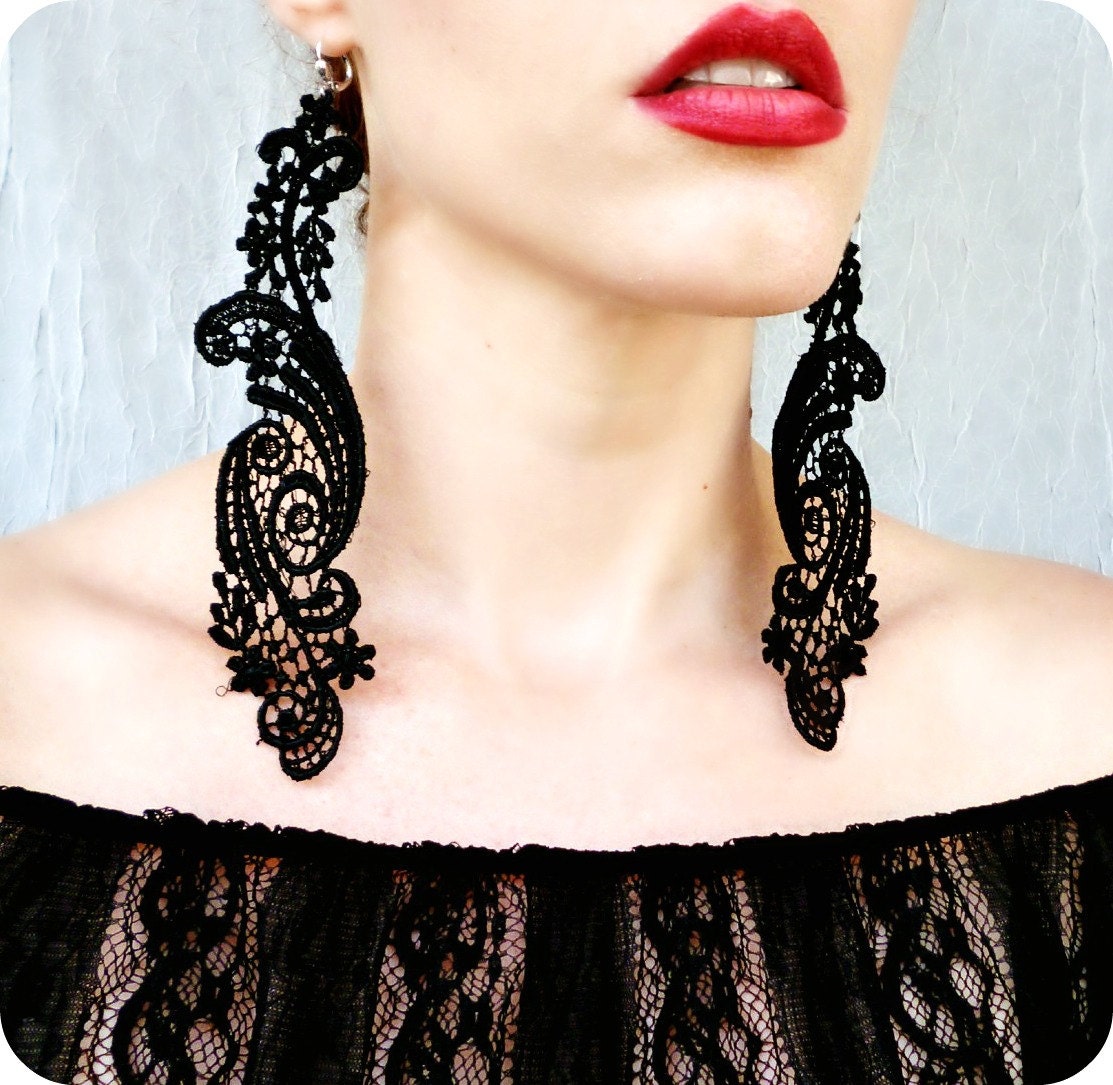 Long Victorian Black Lace Gypsy Earrings - Vintage Style Duster Earrings