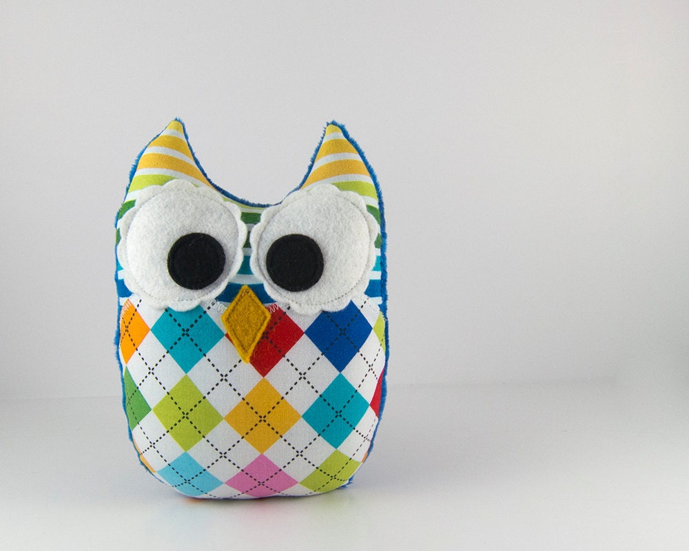 Plush Owl Stuffed Animal Softie Toy Minky Rainbow Stripe Argyle