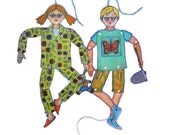 Articulated Jumping Jack Puppet Toys of a Girl and Boy