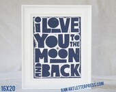 Nursery Decor, Nursery Art Print, Kids Wall Art I love you to the Moon and Back Poster 16x20