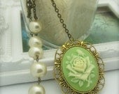 CAMEO HONEY - Mint Green Rose Cameo Paired With Stunning Cream Pearls
