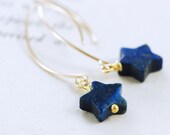 Navy Blue Star Earrings, Lapis Lazuli Gold Dangle Earrings