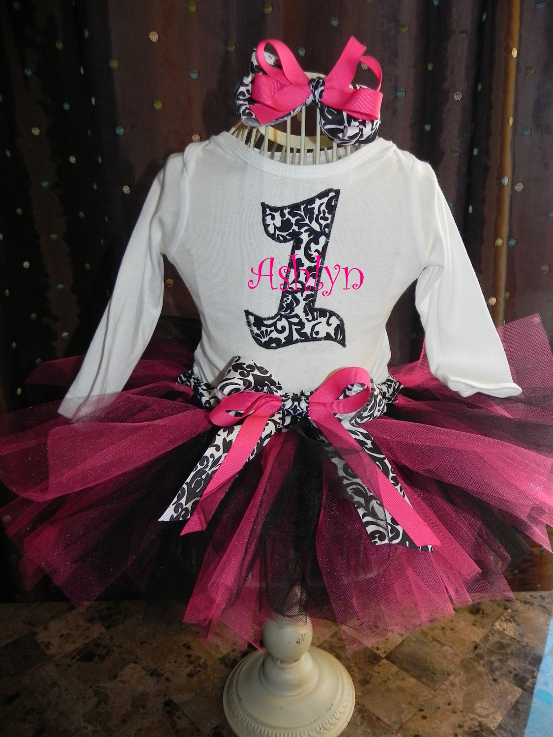 Elegant Princess Damask Tutu Outfit with Skirt Tutu black White and pink, Boutique bow, head band, Great for 1st 2nd 3rd Birthday