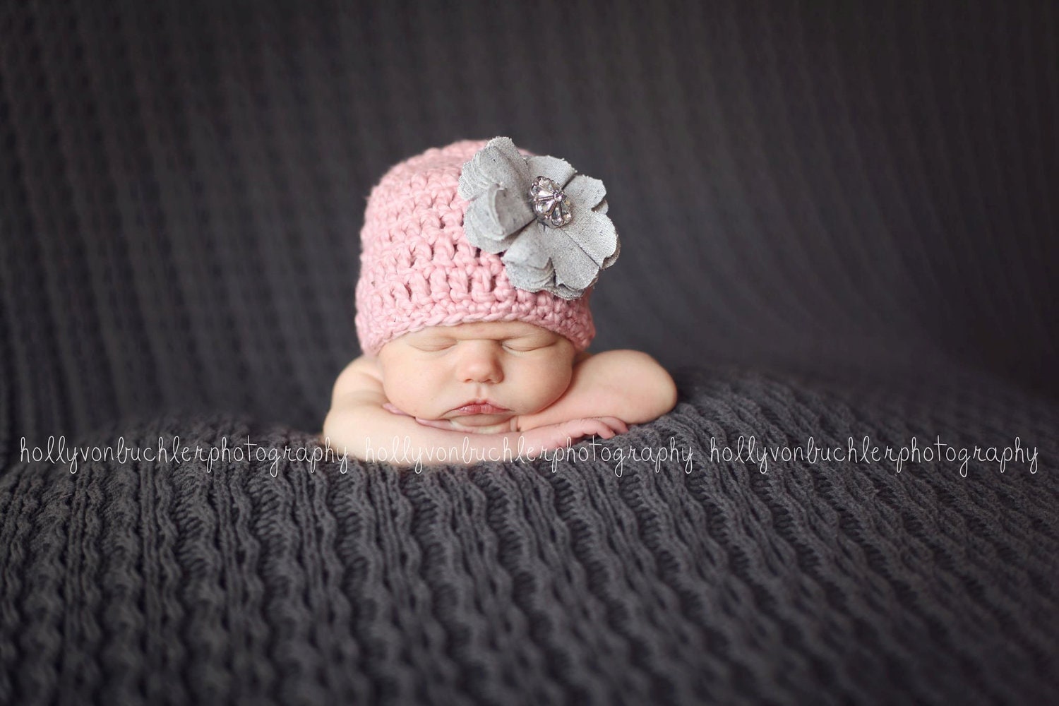 20% OFF SALE - Organic Cotton Beanie Hat - Light Pink Hat with Grey Linen Flower and Rhinestone - Fancy Newborn Photo Prop