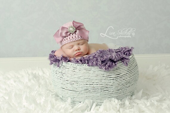 Organic Cotton Beanie Hat - Light Pink/Mauve Hat with Satin Bow and Rhinestone - Fancy Newborn Photo Prop