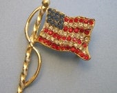 Vintage Rhinestone American Flag Brooch Pin
