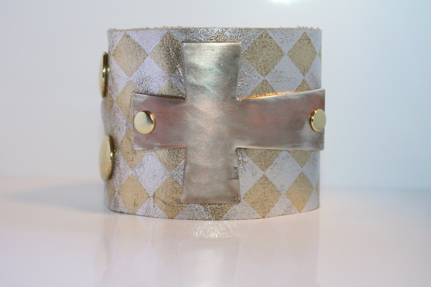 Sideways Brushed Silver  Metal Sideways Cross on Gold and Silver diamond Cuff