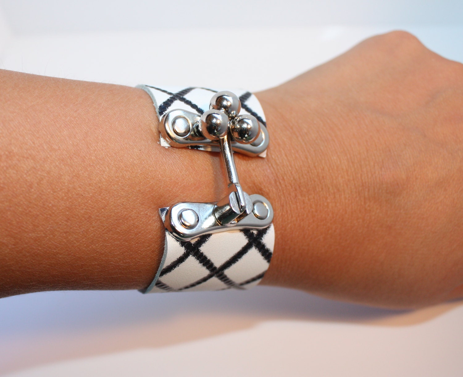 Three Ball Clasp Diamond Black and White Leather Bracelet