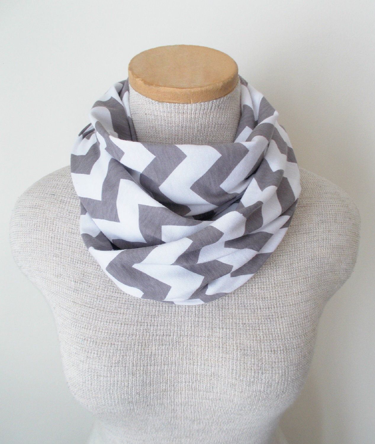 Chevron Infinity Scarf - Jersey Knit - Grey and White
