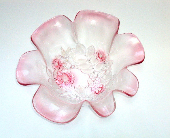 Vintage Glass Serving Bowl from the Late Sixties. Molded with Raised and Colored Flowers and Leaves Design. Glass appears to be textured