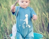 Fisherman Nostalgic Graphic Tee Onesie / Romper in Short Sleeves - Steel Blue with Khaki FREE SHIPPING