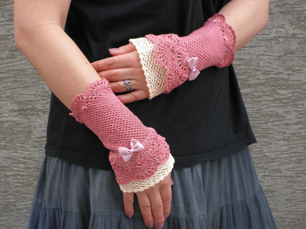 Wild Rose - crocheted layered lacy wrist warmers cuffs romantic rustic style fishnet pattern