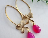 Hot Pink Chalcedony Golden Orchid Earrings in Long Gold Vermeil Lotus Petal Eawire