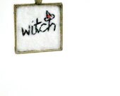 Witch Necklace Halloween Black Orange Hand Embroidered Brass Gold Tone