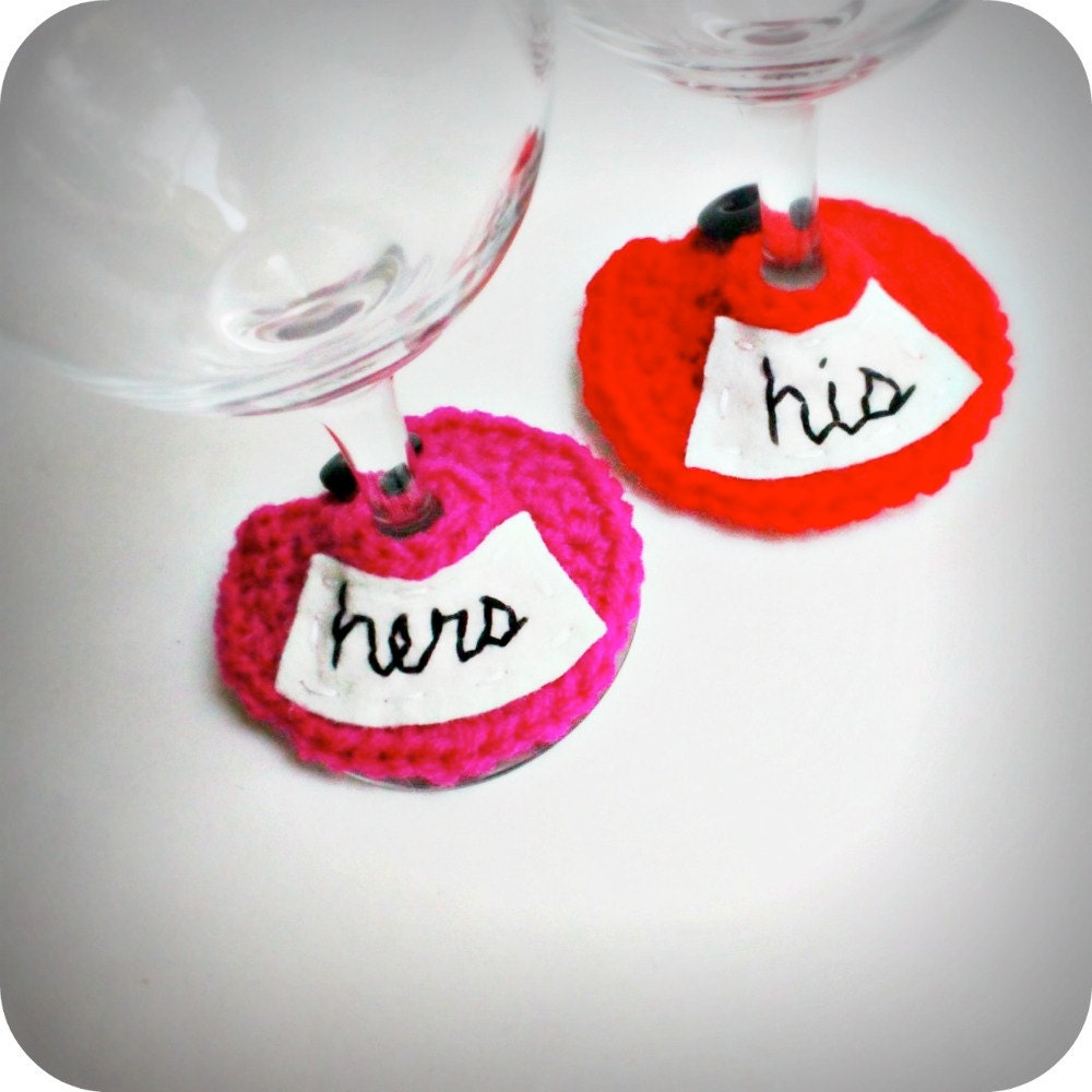 Wedding Just Married His Hers Wine Glass Cozy Slipper red hot pink crochet handmade cover