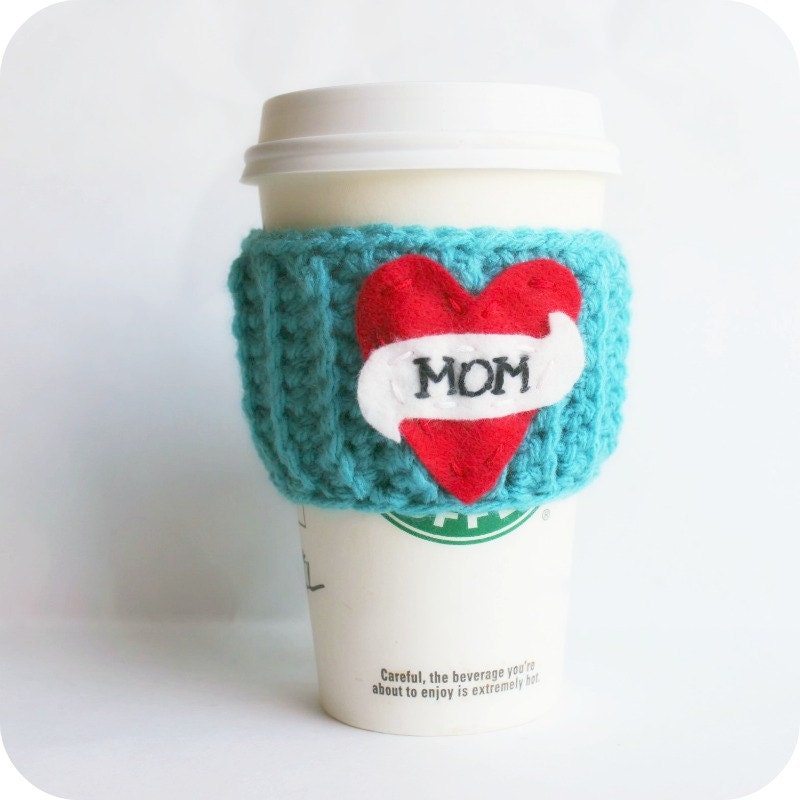 Mom heart love travel mug coffee tea cozy turquoise red white crochet embroidered tattoo
