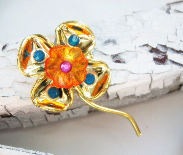 Spring Flower Brooch - Fruit Punch Colors - Flower Pin with Bright Blue, Orange, and Pink Crystal Accents