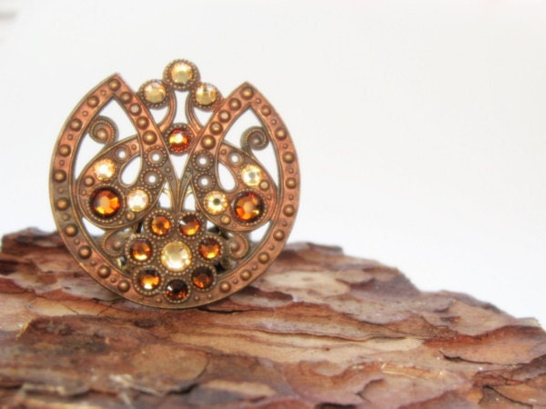 Gingerbread Aged Vintage Brass Staming with Topaz Earthtone Crystal Accents Adjustable Statement Ring