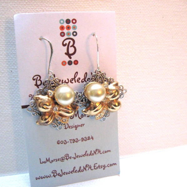 Silver and Gold Festive Dangle Earrings - With Pearls and Rhinestones