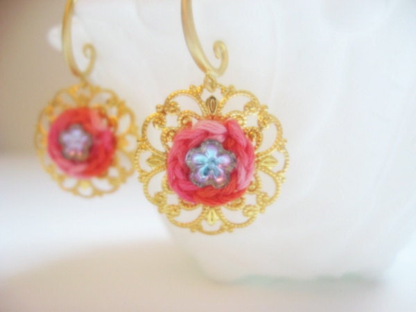 Golden Filigree Dangle Earrings with Peachy Coral Hand-Crocheted Circles and Lilac Vintage Glass Flowers - Mother's Day Gift