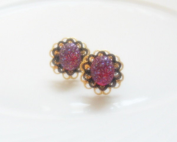 Vintage Plum Ruby Pebbled Glass and Filigree Post Earrings - Mother's Day Gift