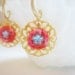 Golden Filigree Dangle Earrings with Peachy Coral Hand-Crocheted Circles and Lilac Vintage Glass Flowers - Mother's Day Gift