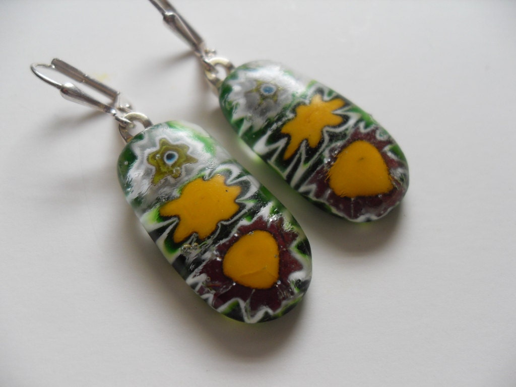 Green Yellow millefiori glass fused flower earrings