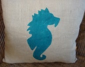 Handmade Burlap and Cotton Canvas Seahorse  Pillow COVER