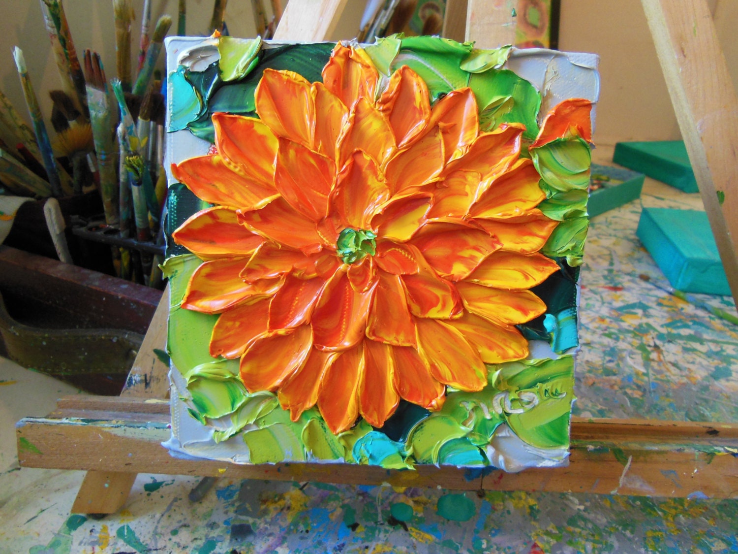 Oil Painting Orange Dahlia on canvas  Impasto Painting Art