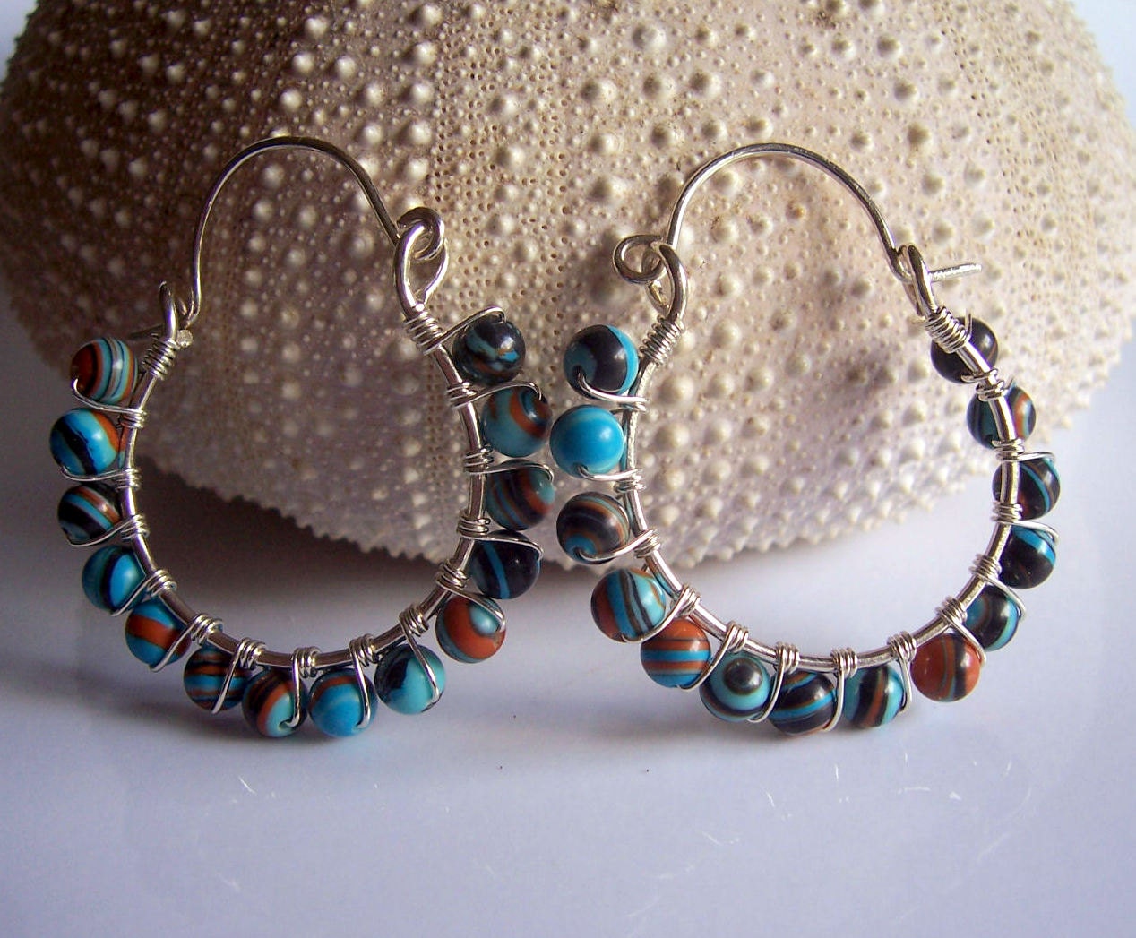 Calsilica and sterling silver wire wrapped hoop earrings