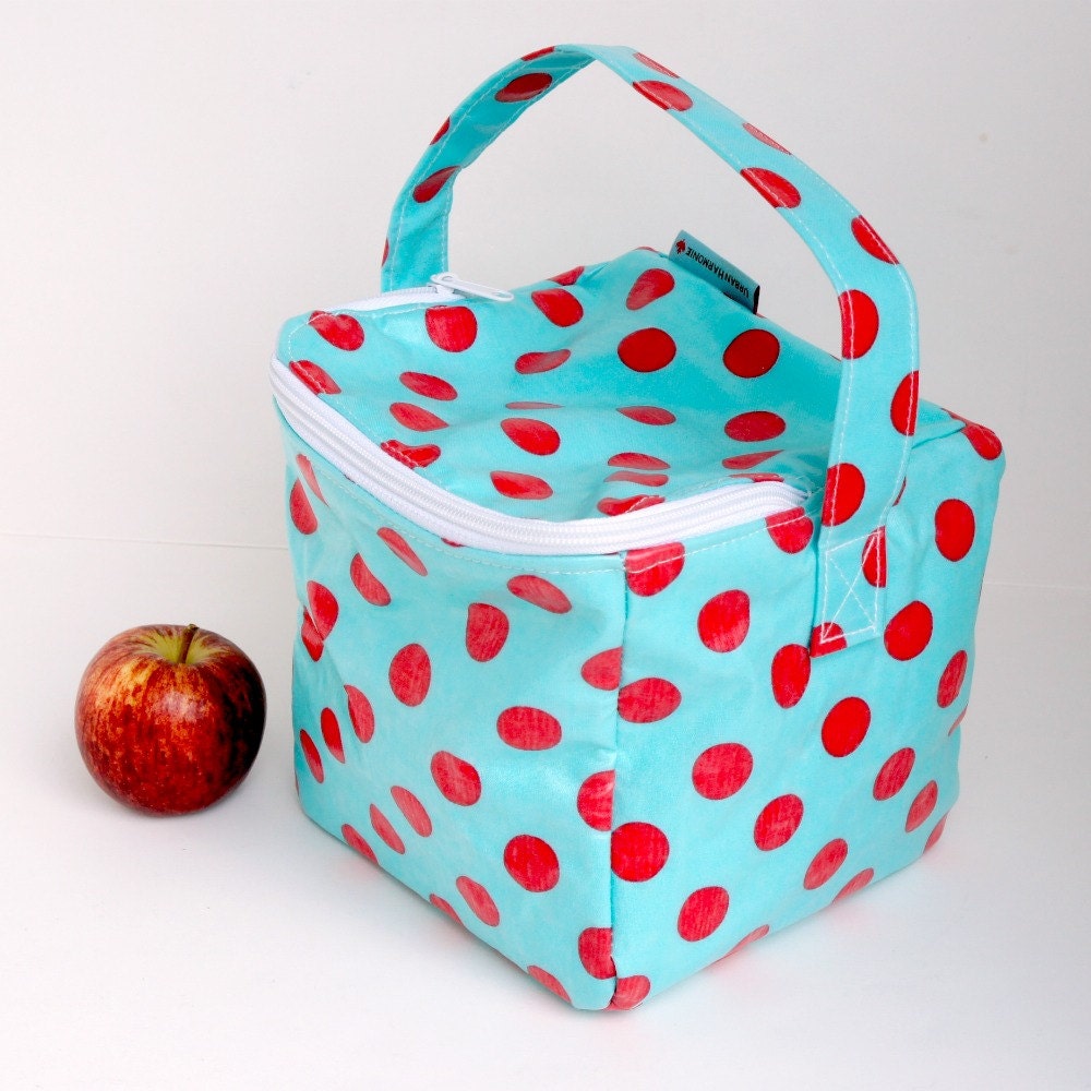 Bento Box Lunch Bag in Aqua Red Dot