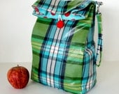 Reversible Lunch Bag in Green Tartan Red Dot