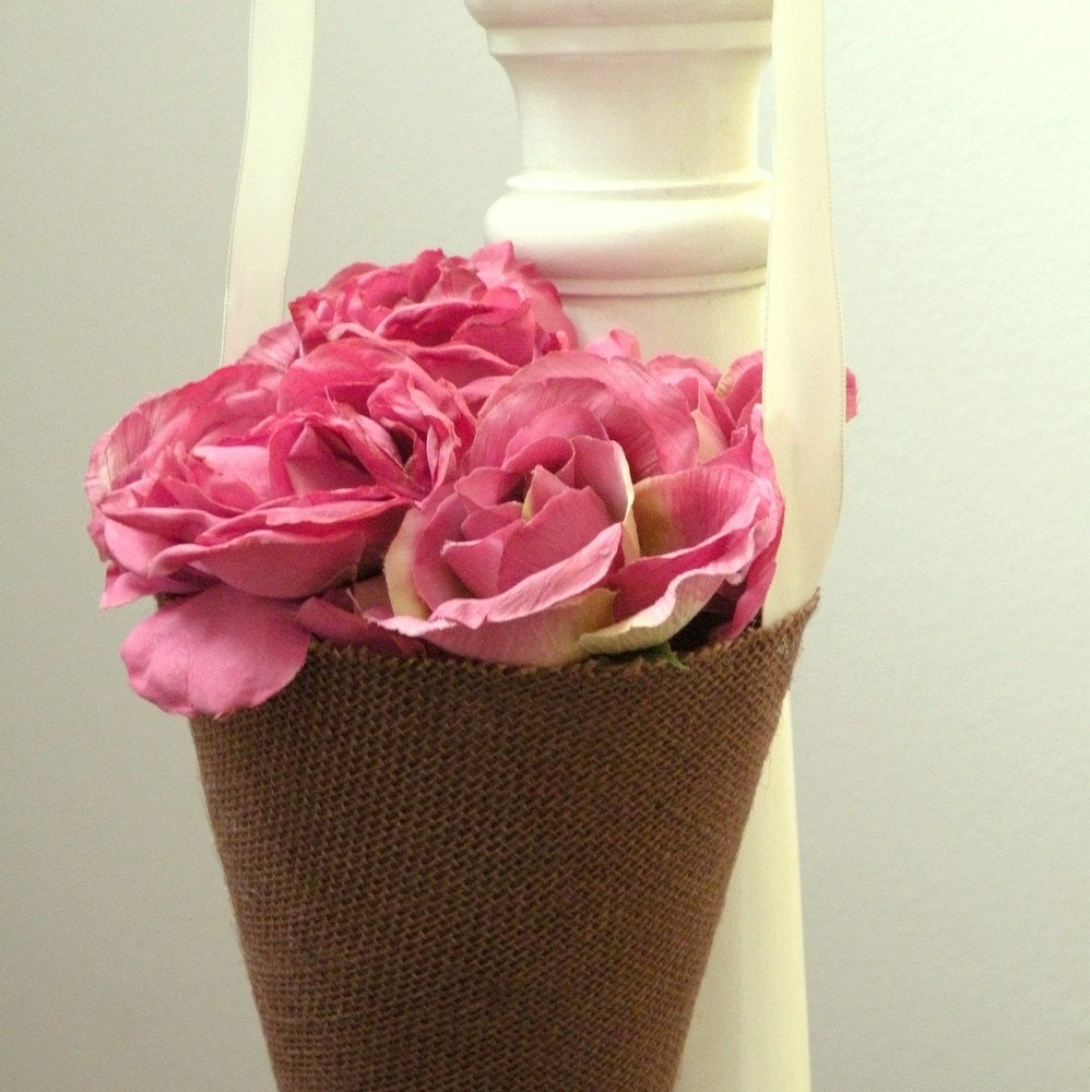 Mocha Chocolate Brown Burlap Pew Cone w/ Ivory Ribbon for Wedding Aisle Chair Decor Hanging Vase, Flower Girl Basket or Tossing Rose Petals